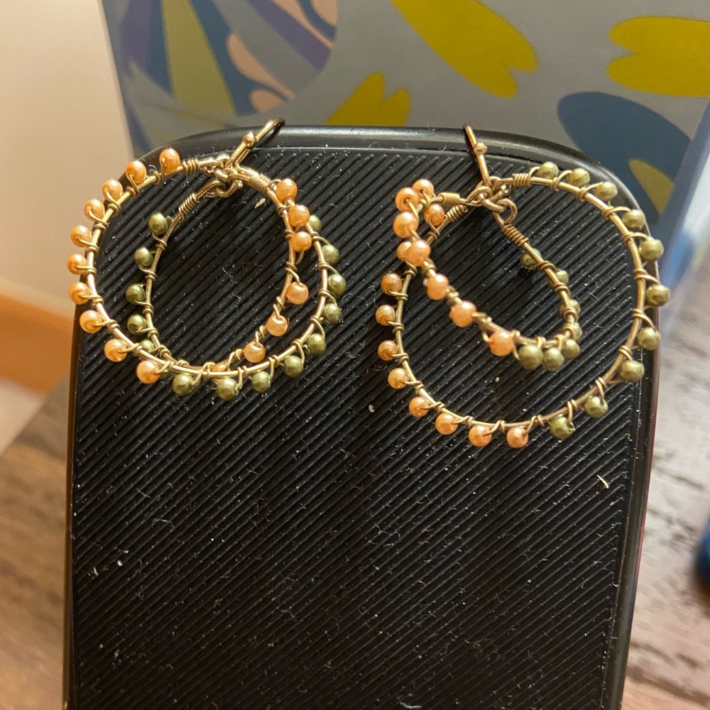 Elegant Gold, Peach, and Green Hoop Earrings